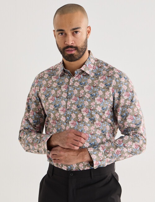 Laidlaw + Leeds All Over Floral Print Long Sleeve Shirt, Green product photo