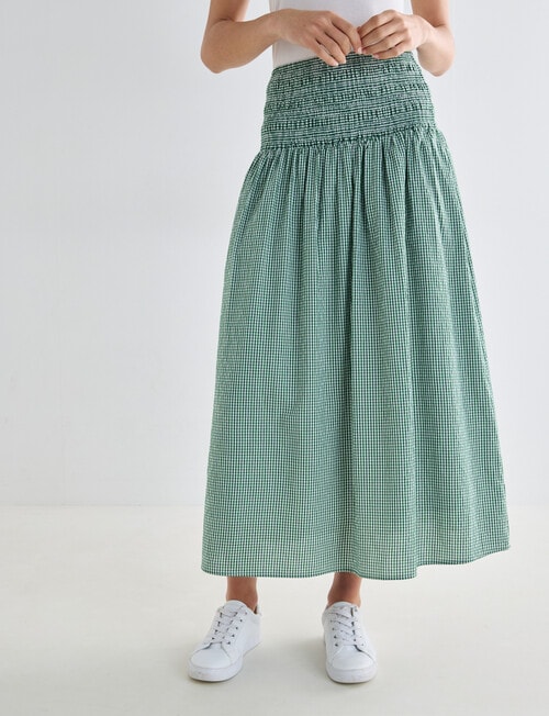 Zest Shirred Waist Poplin Skirt, Gingham Forest product photo View 03 L