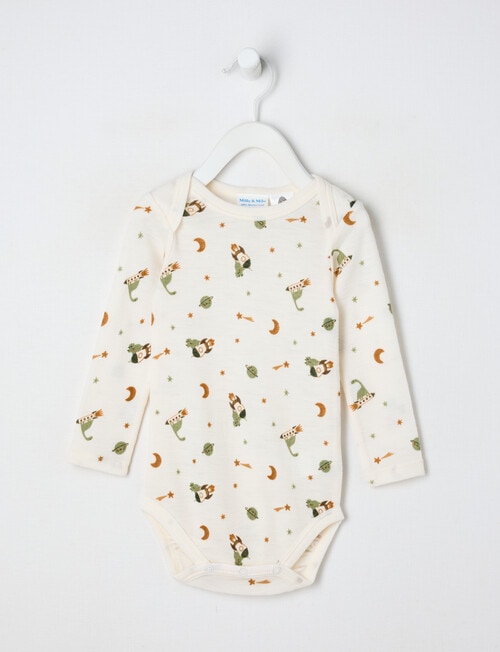 Milly & Milo Merino Long-Sleeve Space Dino Bodysuit, Cream product photo