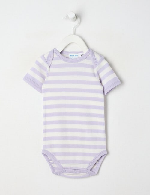 Milly & Milo Merino Short Sleeve Striped Bodysuit, Lilac product photo