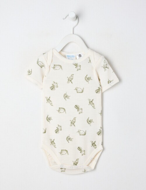 Milly & Milo Merino Short Sleeve Bird Bodysuit, Cream product photo