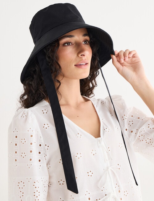 Zest Resort Cotton Wide Bucket Hat with Tie, Black product photo View 07 L