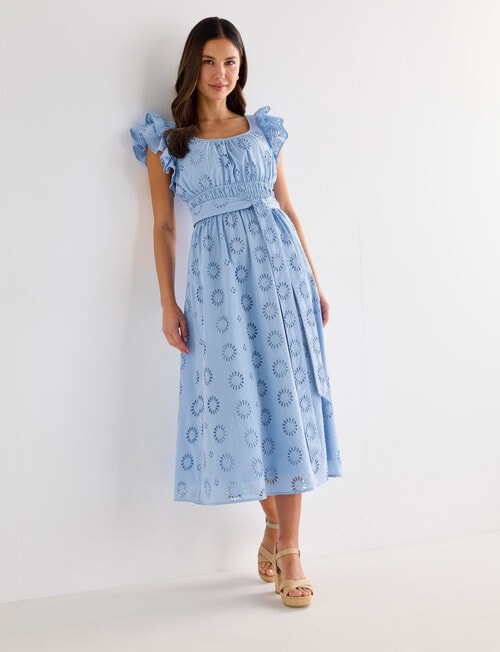 Whistle Double Frill Sleeve Broiderie Dress, Sky product photo View 03 L