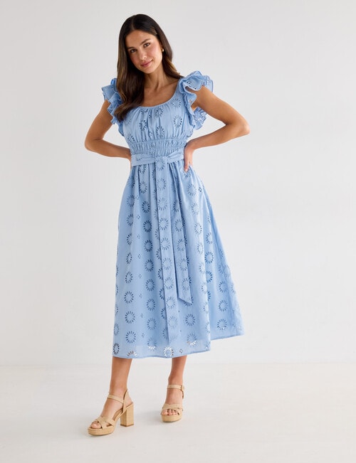 Whistle Double Frill Sleeve Broiderie Dress, Sky product photo View 05 L