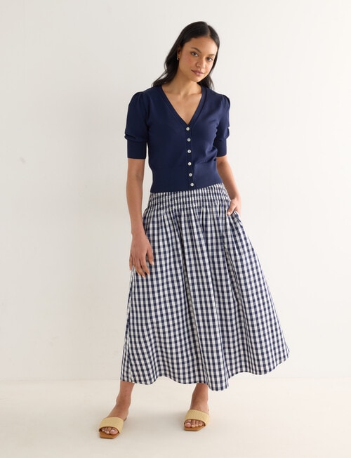 Whistle Gingham Shirred Waist Skirt, Navy product photo View 03 L