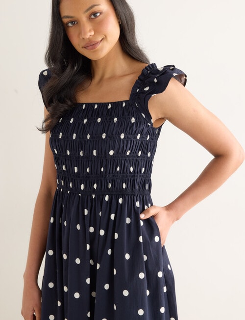 Whistle Polka Dot Shirred Shoulder Dress, Navy product photo