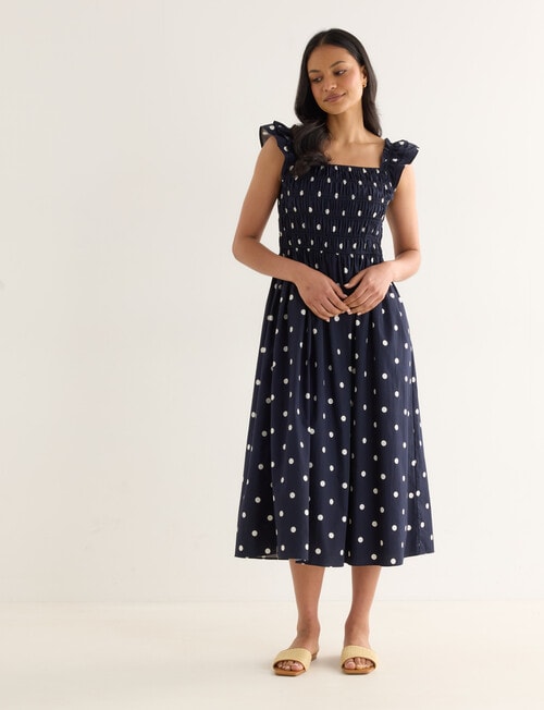 Whistle Polka Dot Shirred Shoulder Dress, Navy product photo View 03 L
