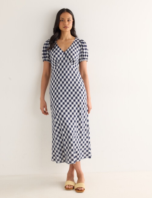 Whistle Gingham V-Neck Bias Dress, Navy product photo View 03 L