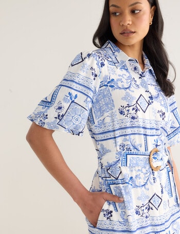 Whistle Scarf Print Shirt Dress, Blue product photo
