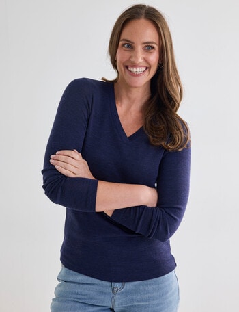 North South Merino Long Sleeve V-Neck Top, Navy Marle product photo