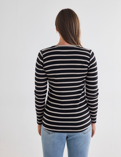 North South Merino Long Sleeve Round Neck Top, Black & Oatmeal Stripe product photo View 02 L