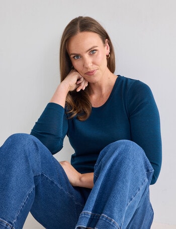 North South Merino Long Sleeve Round Neck Top, Tidal Teal product photo