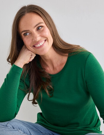 North South Merino Long Sleeve Round Neck Top, Jade Green product photo