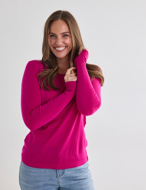 North South Merino Long Sleeve Round Neck Top, Vibrant Magenta product photo