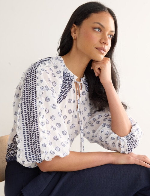 Whistle Scarf Print Ruffle Blouse, Blue product photo