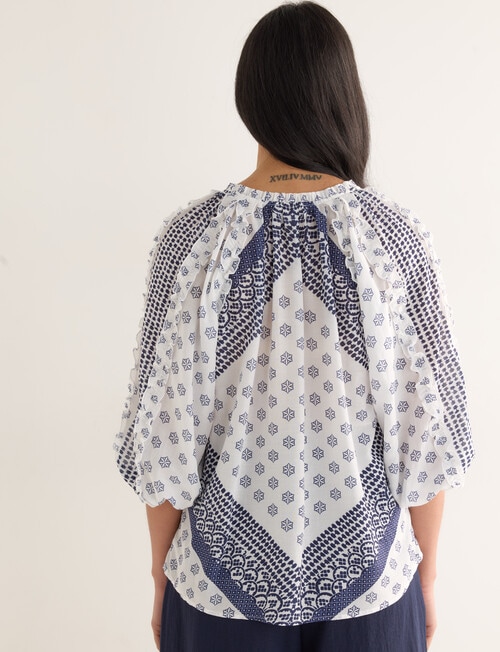 Whistle Scarf Print Ruffle Blouse, Blue product photo View 02 L