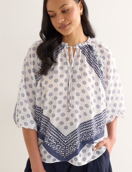 Whistle Scarf Print Ruffle Blouse, Blue product photo View 04 L