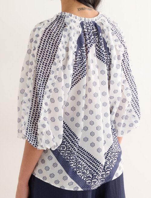 Whistle Scarf Print Ruffle Blouse, Blue product photo View 05 L