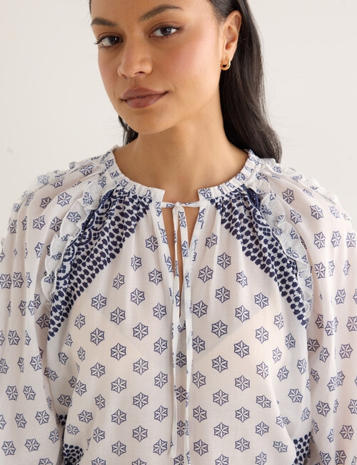 Whistle Scarf Print Ruffle Blouse, Blue product photo View 06 L