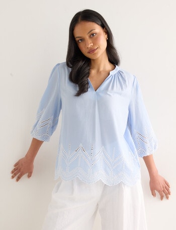Whistle Embroidered Peasant Top, Blue & Ivory product photo