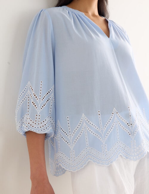 Whistle Embroidered Peasant Top, Blue & Ivory product photo View 04 L