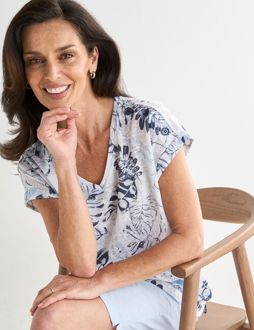 Ella J Leaf Print Button Detail Tee, Blue product photo View 06 L