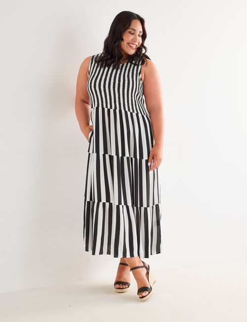 Studio Curve Shirred Bodice SL Dress, Black Stripe product photo