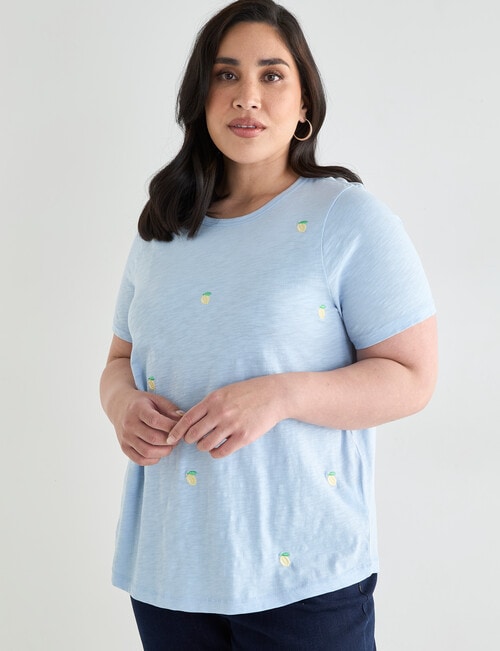Studio Curve Organic Cotton Lemon Embroidery Scoop Neck Tee, Blue Spring product photo View 05 L