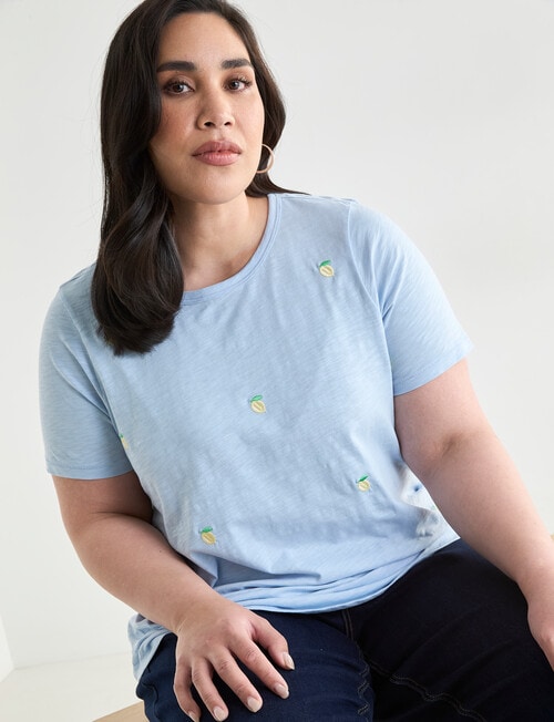 Studio Curve Organic Cotton Lemon Embroidery Scoop Neck Tee, Blue Spring product photo View 06 L
