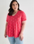 Studio Curve Organic Cotton Strawberry Foil V Neck Tee, Coral product photo