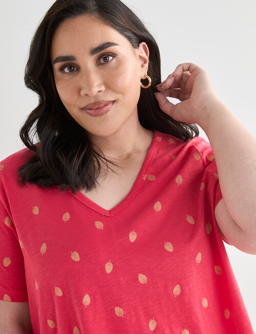 Studio Curve Organic Cotton Strawberry Foil V Neck Tee, Coral product photo View 04 L