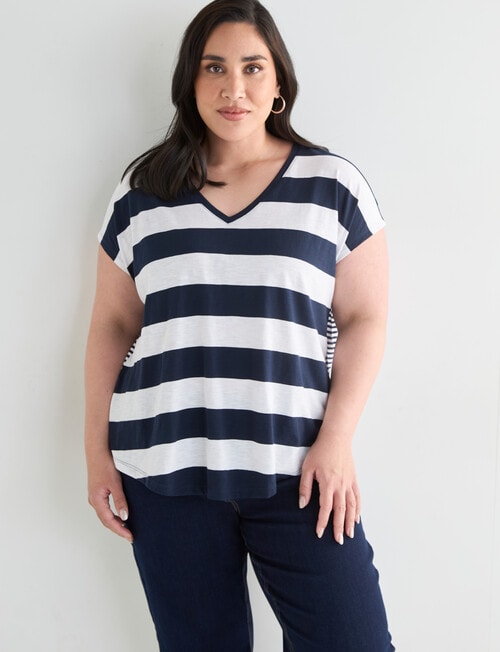 Studio Curve Organic Cotton Mixed Stripe V Neck Boxy Tee, Navy & White product photo View 05 L