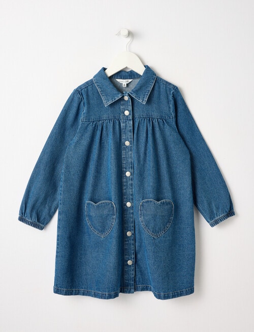 Mac & Ellie Heart Pocket Long Sleeve Denim Dress, Mid Blue product photo