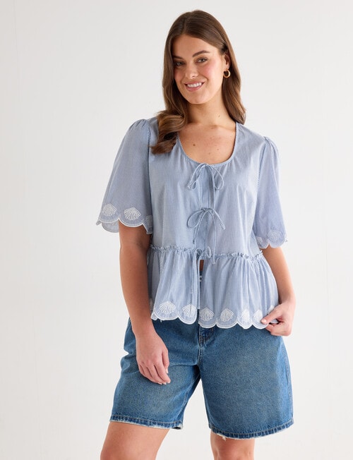 Zest Embroidered Tie Front Stripe Top, Blue product photo View 12 L