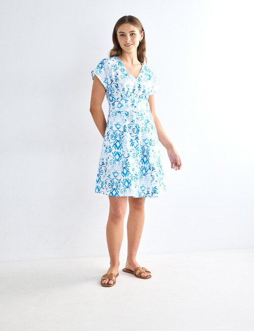 Zest Linen Tile Button Up Tea Dress, Blue & White product photo View 03 L