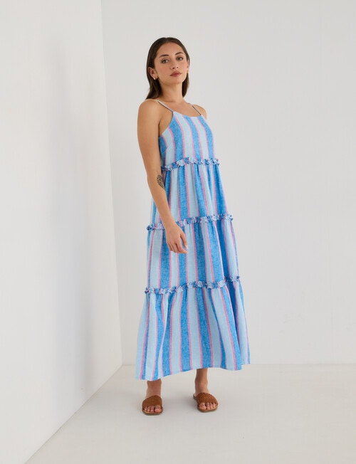 Zest Linen Maxi Stripe Frill Dress, Blues product photo View 03 L
