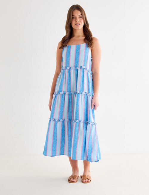 Zest Linen Maxi Stripe Frill Dress, Blues product photo View 12 L