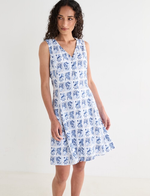Zest Stamp Print Button Front Dress, Blue & White product photo