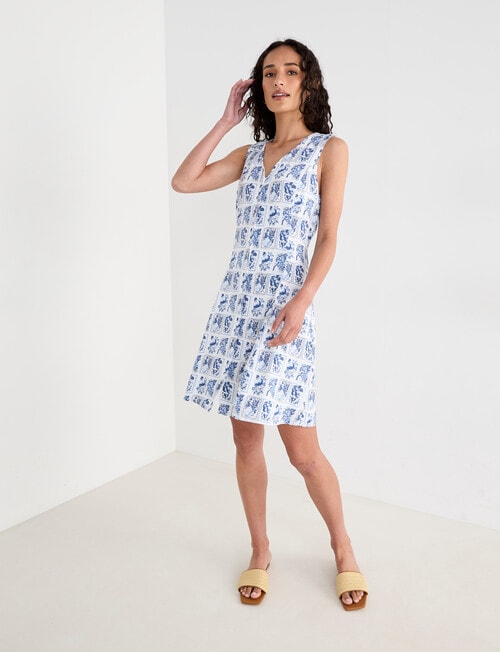 Zest Stamp Print Button Front Dress, Blue & White product photo View 03 L