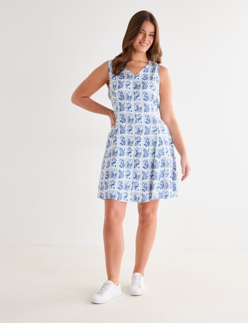 Zest Stamp Print Button Front Dress, Blue & White product photo View 13 L