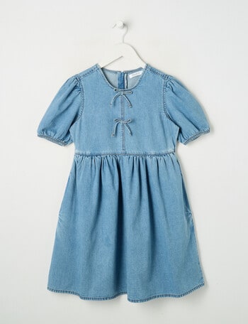 Switch Short Sleeve Bow Detail Denim Dress, Mid Blue product photo