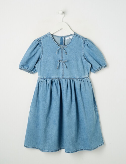 Switch Short Sleeve Bow Detail Denim Dress, Mid Blue product photo