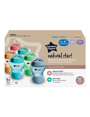 Tommee Tippee Natural Start Baby Bottles, 260ml, 6-Pack, Multi-Colour product photo