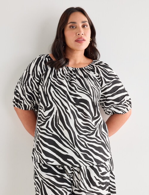 Studio Curve Linen Blend Gathered Raglan Top, Black Zebra product photo View 04 L