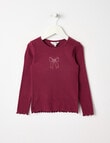 Mac & Ellie Embroidered Bow Long Sleeve Rib Tee, Berry product photo