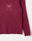 Mac & Ellie Embroidered Bow Long Sleeve Rib Tee, Berry product photo View 02 S