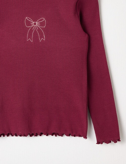 Mac & Ellie Embroidered Bow Long Sleeve Rib Tee, Berry product photo View 02 L