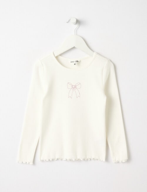 Mac & Ellie Embroidered Bow Long Sleeve Rib Tee, Vanilla product photo
