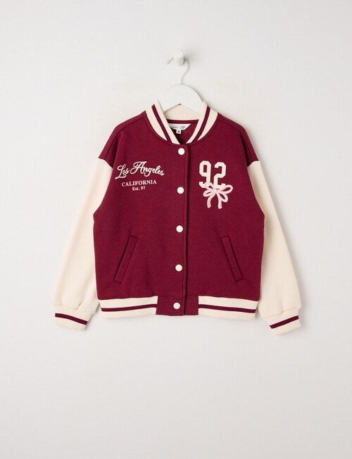 Mac & Ellie Varsity La Bow Jacket, Berry product photo