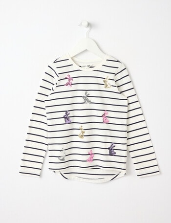 Mac & Ellie Sequin Bunny Stripe Long Sleeve Tee, Navy product photo